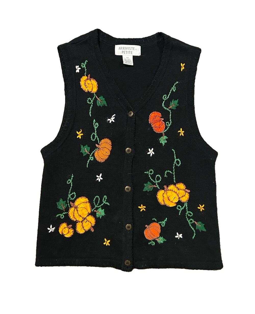 Vintage Halloween Vest Embroidered Beaded Pumpkins Button Women’s Size Petite M